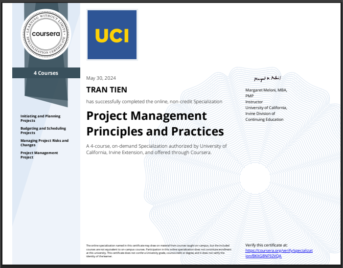 Project Management Principles and Practices certificate